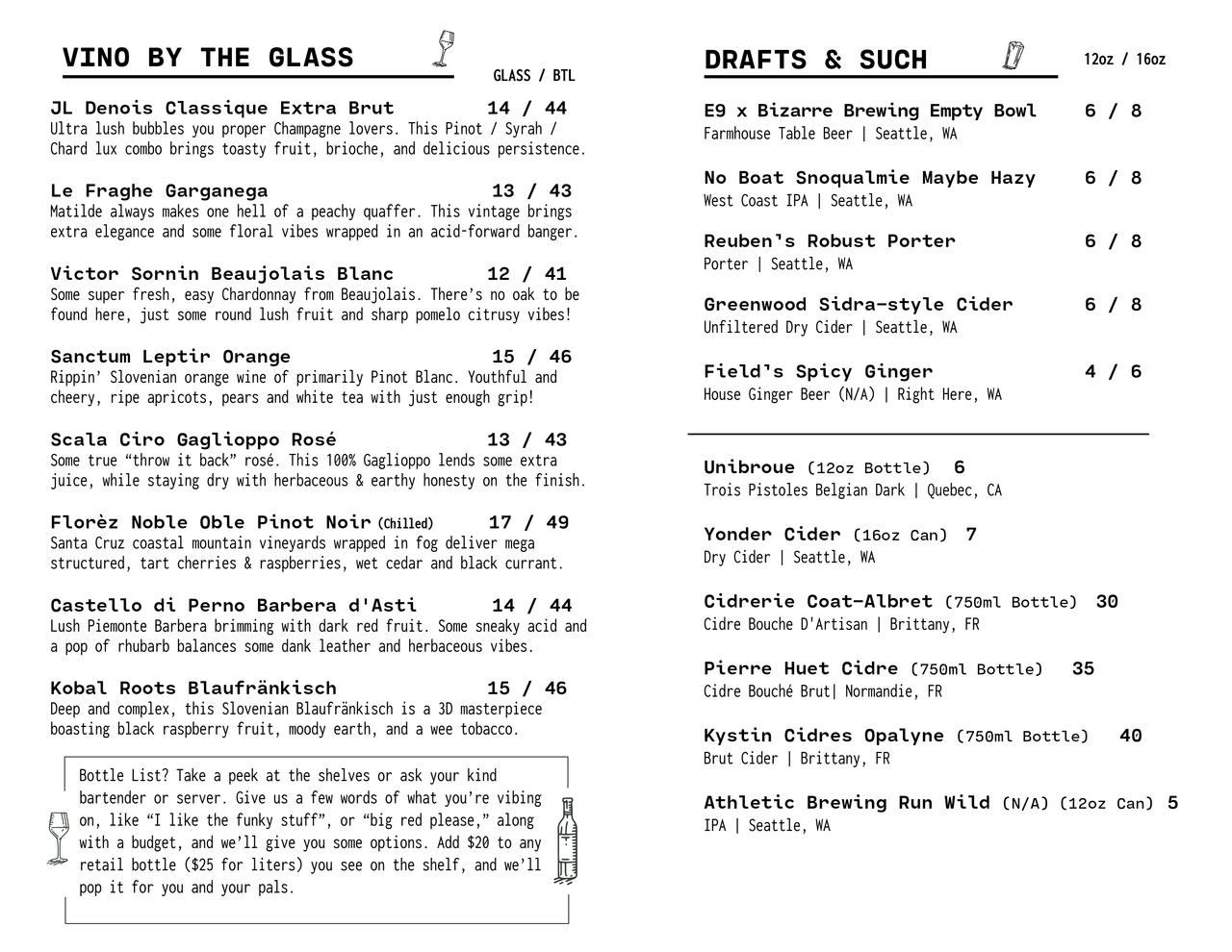 Menu Field Bar & Bottle Shop