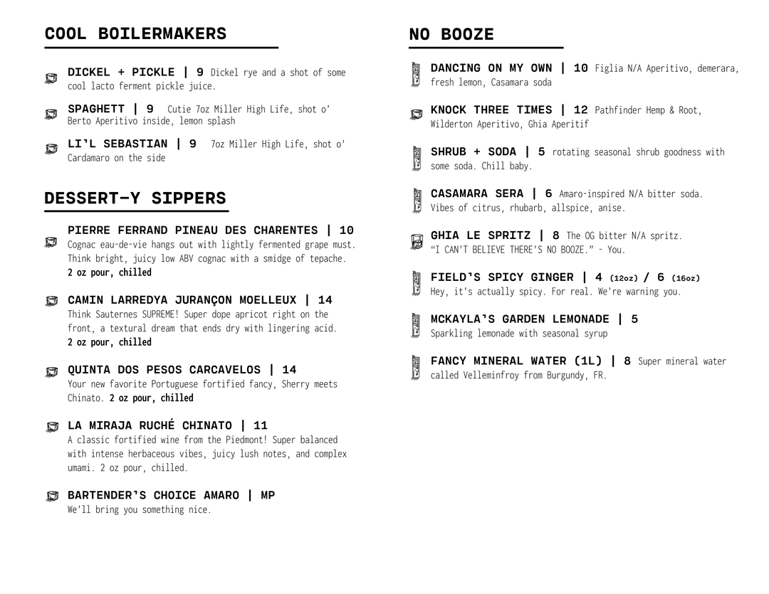 Menu – Field Bar & Bottle Shop